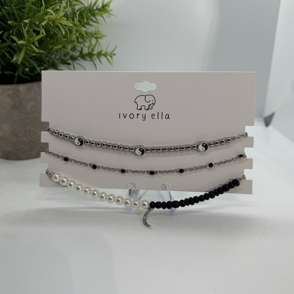 Ivory Ella Anklet Set Silver Tone Yin Yang Pearl Crescent Moon‎ 3 Piece NWT
